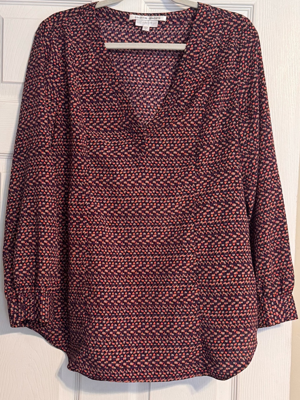 Collective Concepts Orange Purple Geometric Long Sleeve V-neck Chiffon Blouse L